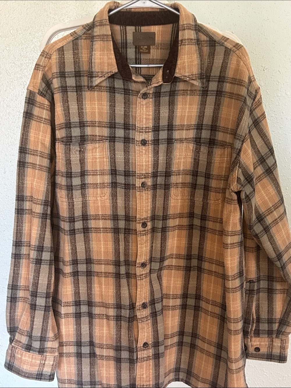 St. John's Bay Tan and Brown Plaid Button-Down Shirt